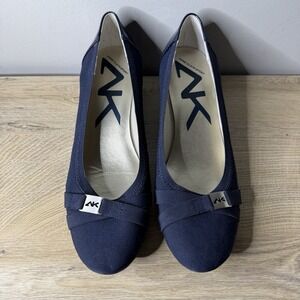 Anne Klein Sport Navy Blue Wedge Heel AKDEFINITELY Round Toe Bow Pump Office 9.5